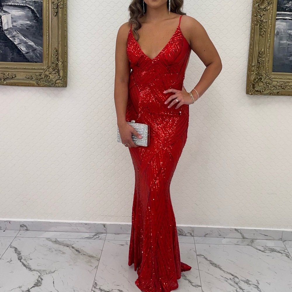 Red sequin open back dress